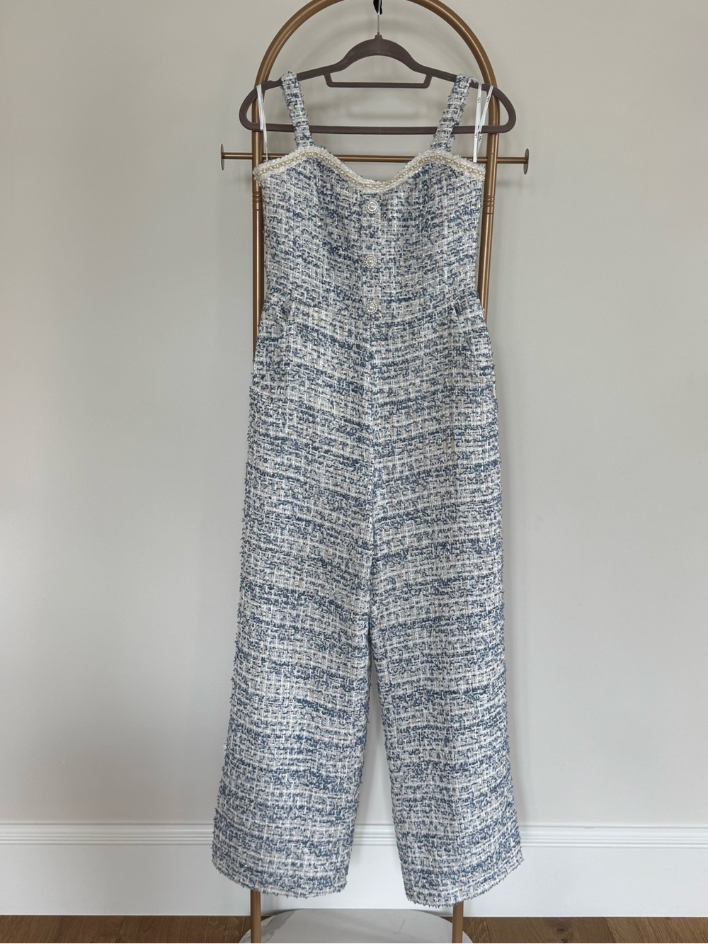 NWT Lulu's Blue & White Tweed Jumpsuit with Beaded details Size M - Picture 1 of 9